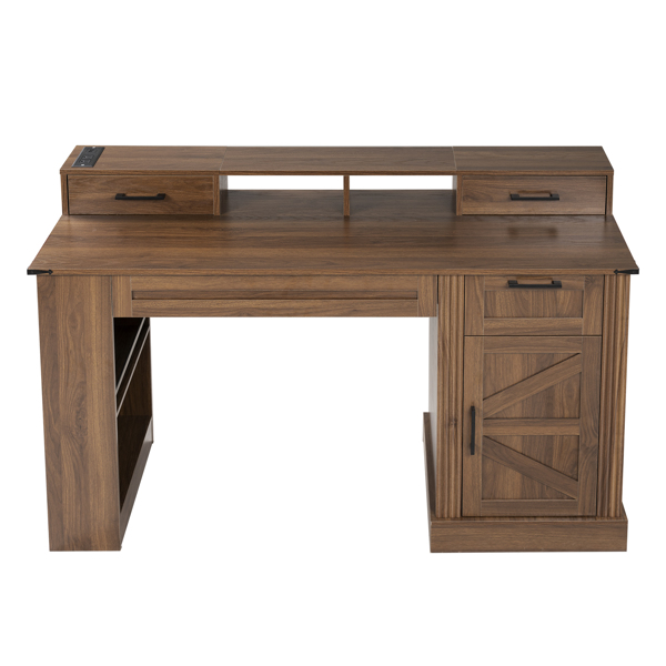 55英寸农舍风格办公桌，带储物柜和充电站，谷仓门设计电脑书桌，配备键盘托盘、显示器支架和洞洞板，适用于书房、客厅、家庭办公室，深胡桃木色。-6
