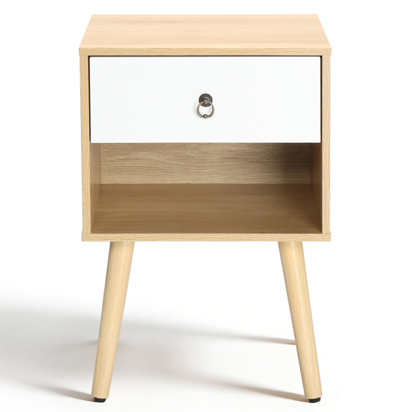 白色+橡木色 P2刨花板+实木腿 贴麻面三胺 拉环拉手 38*30*55cm 一抽带下隔层 床头柜 1PC-9