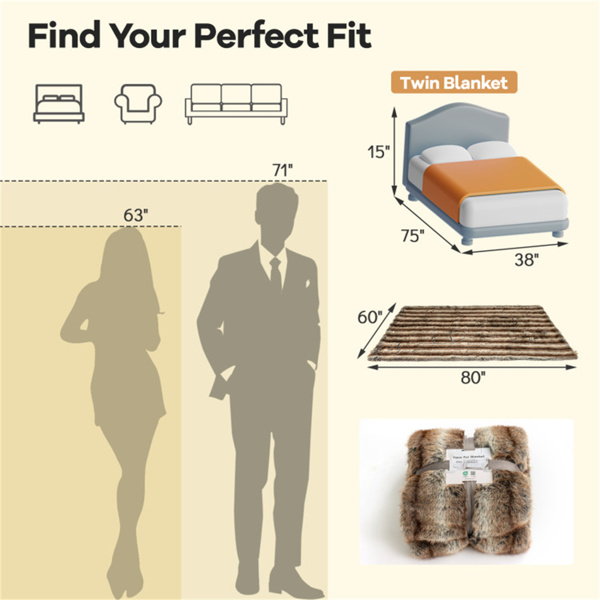 棕色灰褐色780GSM假狐皮毯60“x80”双面PV羊毛衬里毯-4