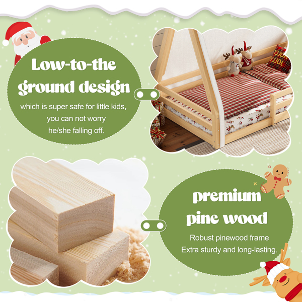 双人床尺寸儿童落地床，带帐篷和灯，实木圆锥形落地床，配有全长护栏，蒙特梭利式设计，充满童趣，天然原木色+绿色-6