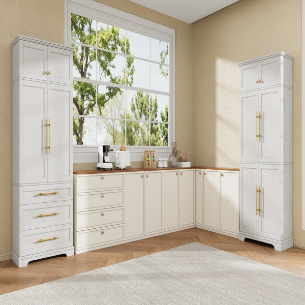 78.2英寸高乡村风格厨房储物柜，配有8个门内置物架、3个可调节搁板和3个大抽屉，多功能储物柜，适用于厨房、餐厅和浴室，复古白色。-27