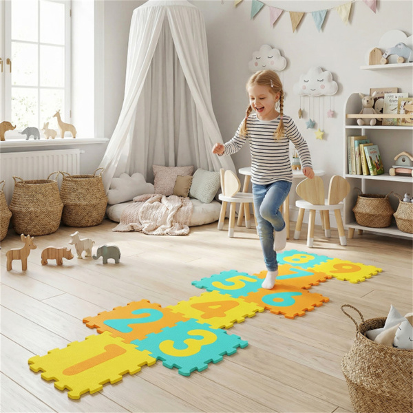 黄色儿童婴儿床泡沫垫，带9块联锁瓷砖和3个标记盘，适合10个月大的幼儿防滑游戏垫+-5