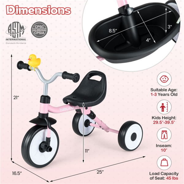 彩虹LED车轮幼儿三轮车、碳钢框架可折叠三合一平衡自行车、可拆卸踏板和后储物篮-粉色-5