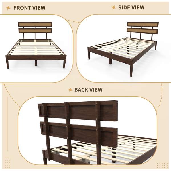 深胡桃木 油漆面+藤编 松木 双床头 Queen 木床  波西米亚风 XP000470102-10