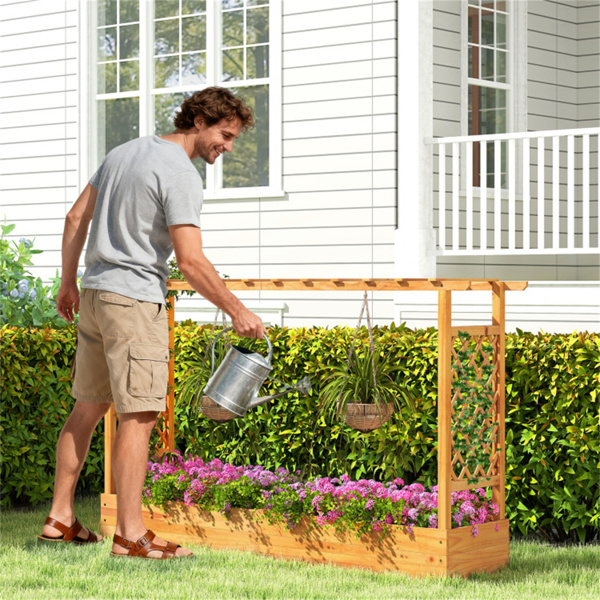 木制高架花园床，带格架和平屋顶，开放式基础种植箱，用于攀爬植物/蔬菜/花卉-8