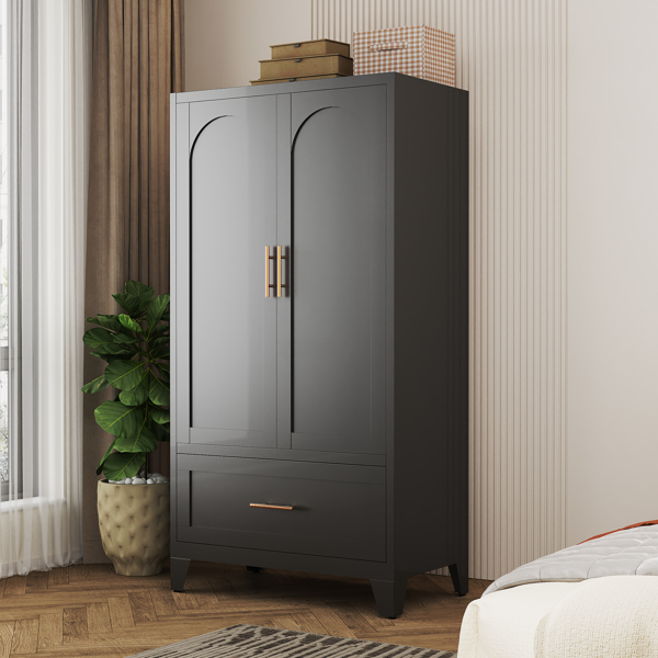 60英寸高金属衣柜，带1个抽屉和挂衣杆，双门设计，内置搁板，适用于卧室、办公室、洗衣房、玄关、门厅、客房（黑色）-7