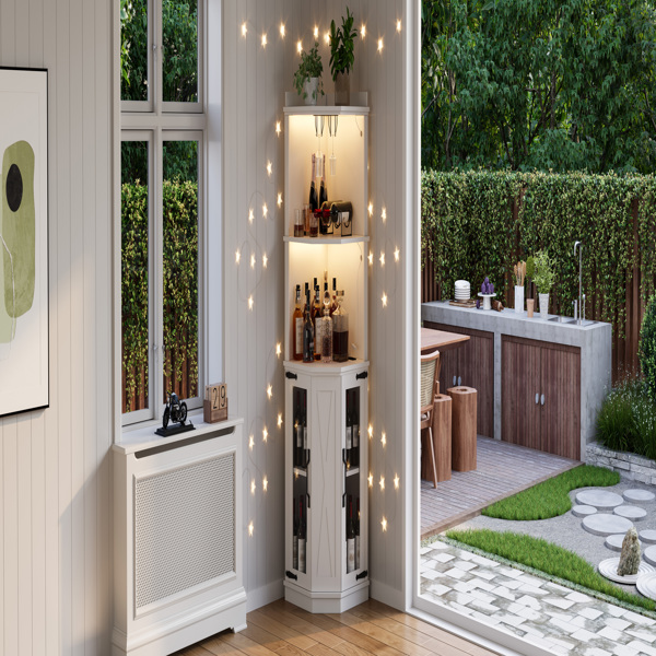 67.3英寸转角吧台柜，带电源插座，乡村风格酒柜，带可调节搁板，适用于家庭、餐厅、客厅、厨房，配备照明灯和酒杯架。-23