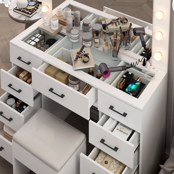 白色 麻面刨花板贴三胺 9抽 梳妆桌套装 带12粒三色调光灯泡 排插 玻璃桌面-2