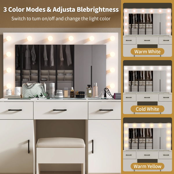 白色 麻面刨花板贴三胺 3抽2门 梳妆桌套装 带12粒三色调光灯泡 排插 玻璃桌面-14