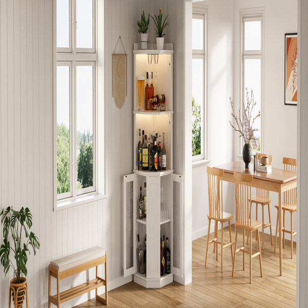 67.3英寸转角吧台柜，带电源插座，乡村风格酒柜，带可调节搁板，适用于家庭、餐厅、客厅、厨房，配备照明灯和酒杯架。-22