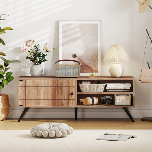 橡木中世纪现代电视支架，适用于55英寸电视，210磅容量的娱乐中心，带储物柜和电缆管理-5