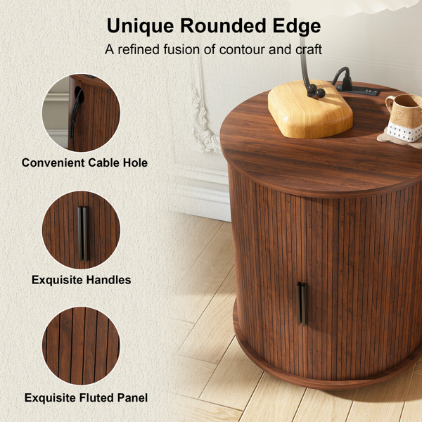 中世纪现代风格圆柱形茶几，内置充电站和推拉门，双层储物圆形床头柜，带USB接口，胡桃木材质，适用于客厅、卧室、玄关。-7