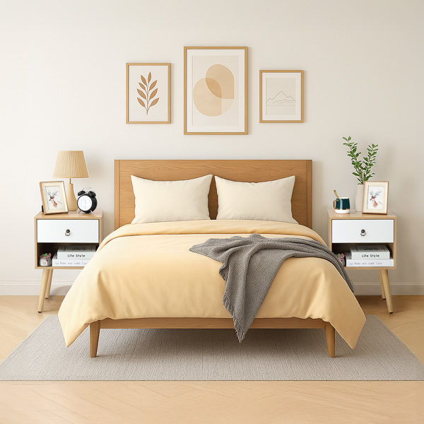 白色+橡木色 P2刨花板+实木腿 贴麻面三胺 拉环拉手 38*30*55cm 一抽带下隔层 床头柜 1PC-8