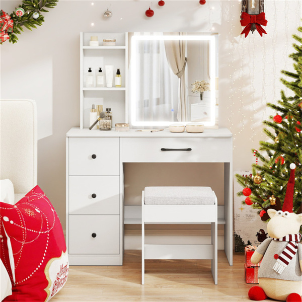 白色梳妆台和凳子套装，带滑动镜和3模式LED灯带，防倾倒梳妆台，储物空间充足-12