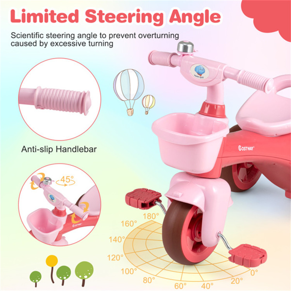 3-5岁幼儿三轮车-稳定的三角形结构，前后储物篮-粉色-5