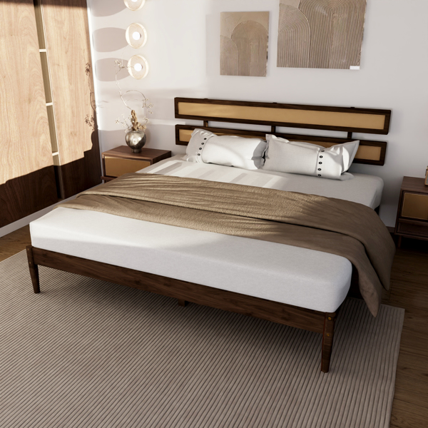 深胡桃木 油漆面+藤编 松木 双床头板 King 木床 波西米亚风 XP000470103-5