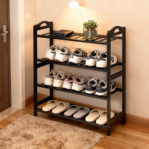 手提4层 12根条 竹制 68*25*73cm 鞋架 黑色-1