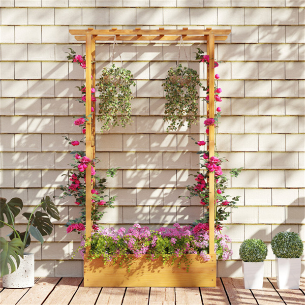 70英寸高松木高架花园床，带格子和平屋顶，开放式底座种植架，用于攀爬植物/蔬菜-2
