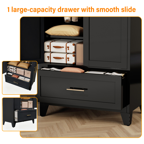 60英寸高金属衣柜，带1个抽屉和挂衣杆，双门设计，内置搁板，适用于卧室、办公室、洗衣房、玄关、门厅、客房（黑色）-12