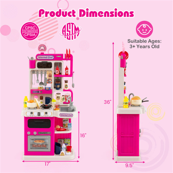粉色儿童角游戏厨房，配有逼真的声音、灯光和蒸汽，95件配件，适合3岁儿童的假装烹饪套装+-4