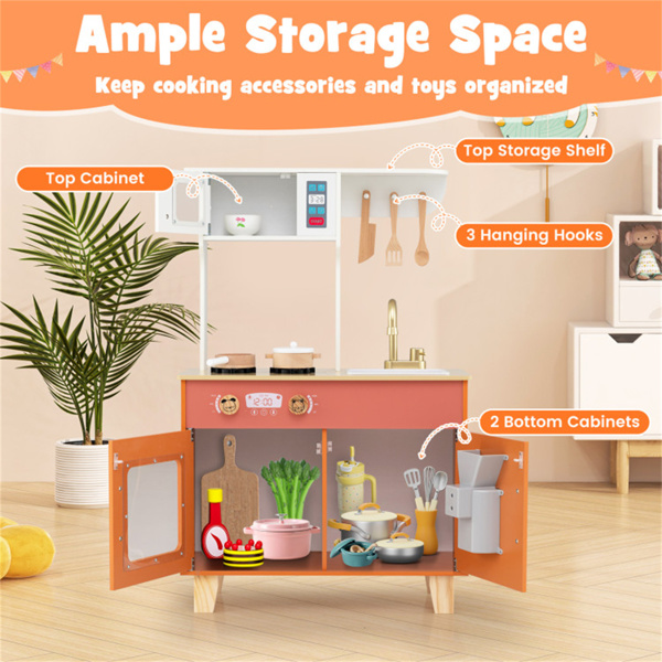 橙色儿童游戏厨房，配有逼真的水龙头和制冰机，适合3-6岁儿童的防倾倒假装烹饪套装-11