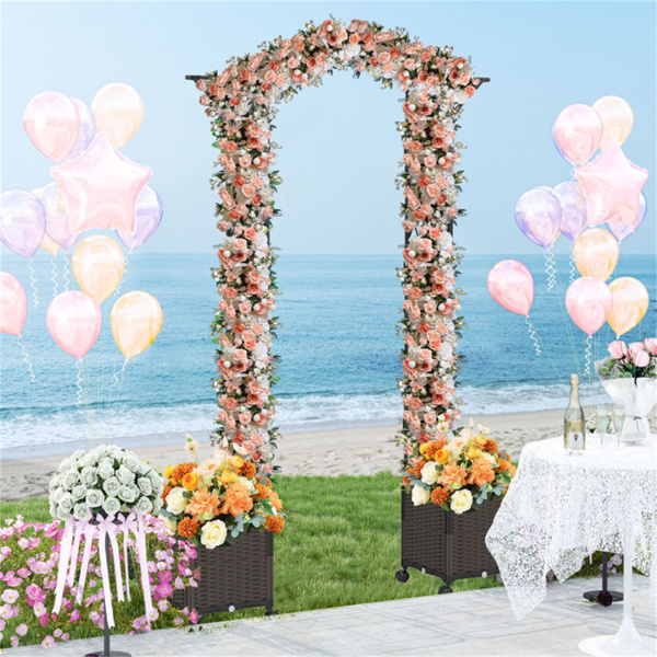 带花盆箱的二合一花园拱门-自动浇水系统，8个可锁定的轮子和PE涂层金属-8