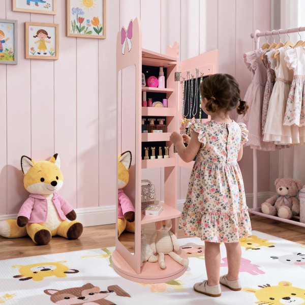 粉色 蝴蝶结元素 密度板 喷漆 1门1层架 底部可旋转 儿童饰品镜柜-13