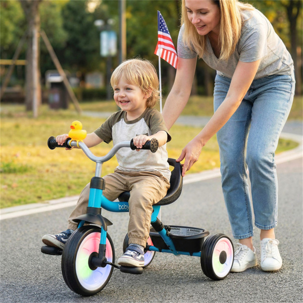 彩虹LED车轮幼儿三轮车、碳钢框架可折叠三合一平衡自行车、可拆卸踏板和后储物篮-蓝色-10