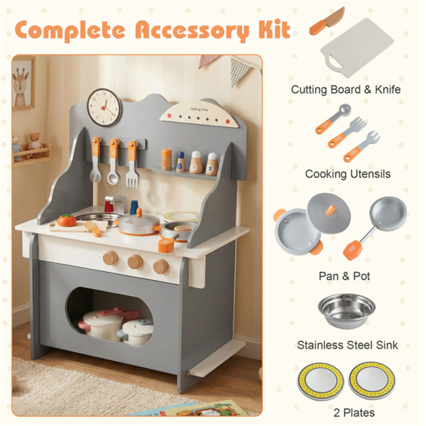 灰色木制幼儿游戏厨房，带水槽和配件，儿童安全礼物3+-9