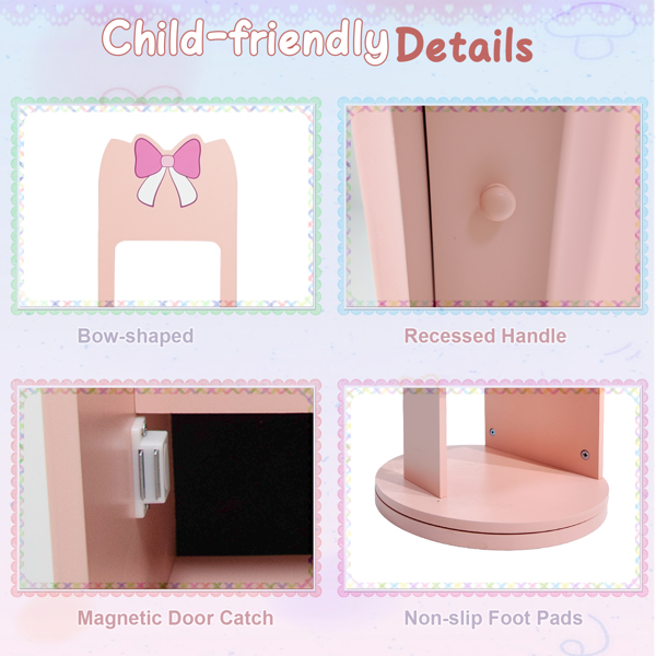 粉色 蝴蝶结元素 密度板 喷漆 1门1层架 底部可旋转 儿童饰品镜柜-7