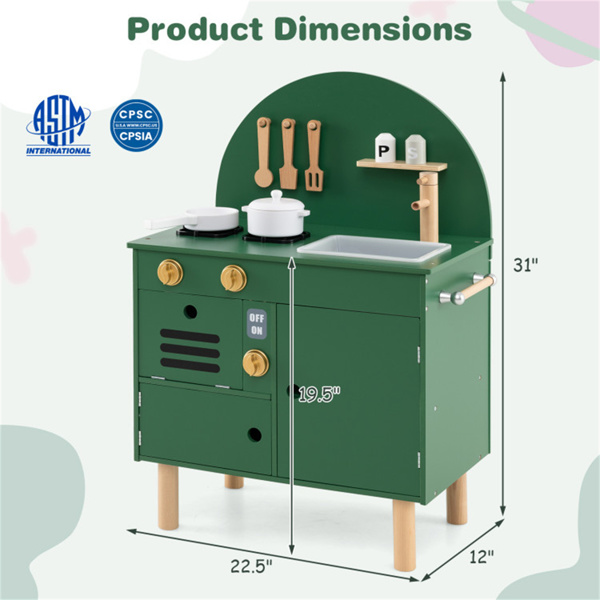 绿色儿童游戏厨房，配有逼真的水龙头和制冰机，适合3-6岁儿童的防倾倒假装烹饪套装-3