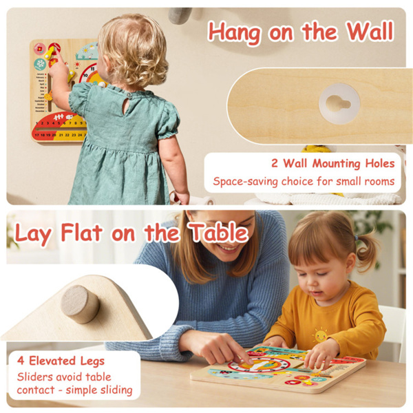 蒙台梭利儿童木制时间学习钟3+，集日历季节天气教育玩具于一体-6