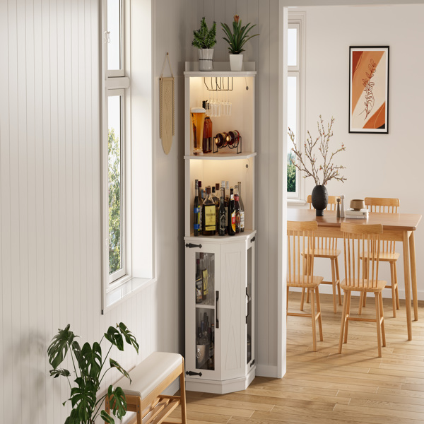 67.3英寸转角吧台柜，带电源插座，乡村风格酒柜，带可调节搁板，适用于家庭、餐厅、客厅、厨房，配备照明灯和酒杯架。-5