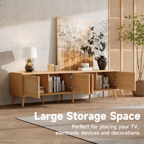 70英寸现代电视柜，配有藤编柜门，适用于最大80英寸的电视，带储物空间和电线孔，是客厅的理想娱乐中心。-5