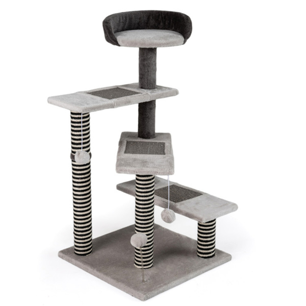 37英寸高猫楼梯带抓地垫的-三层栖息、弹簧球和猫摇摆玩具-3
