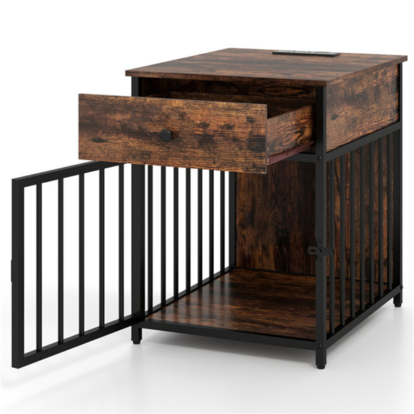 黑色+棕色二合一狗箱端桌，带充电站，耐嚼金属管宠物家具，适用于25磅以下的小狗-2