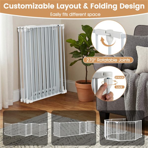 6面板可扩展安全门（34.5“-154”），270°可旋转婴儿栅栏/宠物围栏，用于壁炉楼梯门-白色-8