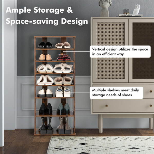 7层双排鞋架，带可调节架子，入口壁橱的防倾斜窄储物架-棕色-9