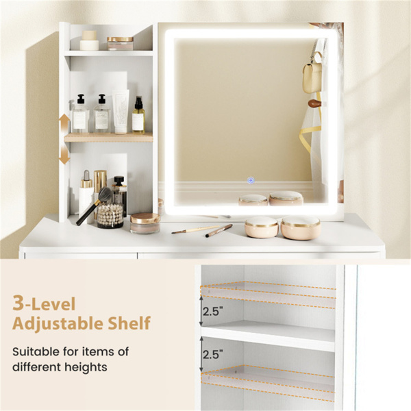 白色梳妆台和凳子套装，带滑动镜和3模式LED灯带，防倾倒梳妆台，储物空间充足-5