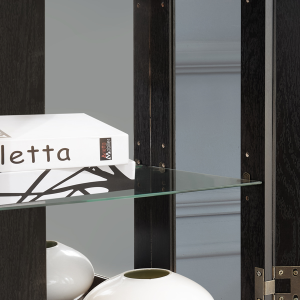 带照明的转角展示柜 - 适用于客厅、展示古董收藏品、存放葡萄酒和酒杯 - 优雅的转角设计，内置照明灯 - 黑色-4