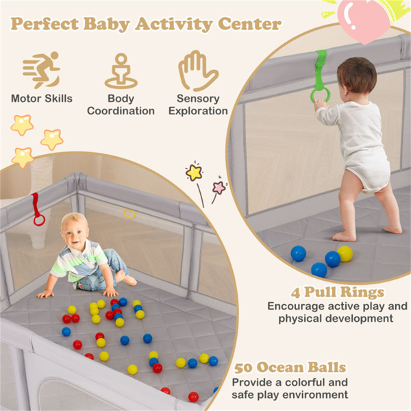 便携式婴儿游乐场-73英寸x61.5英寸x27英寸，透气网眼，50个海洋球和手提包-7