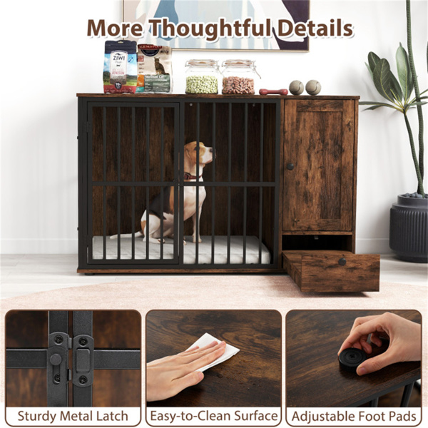 咖啡二合一狗箱端桌，带拉出式喂食器，耐咀嚼金属管宠物家具，适合中小型狗-9