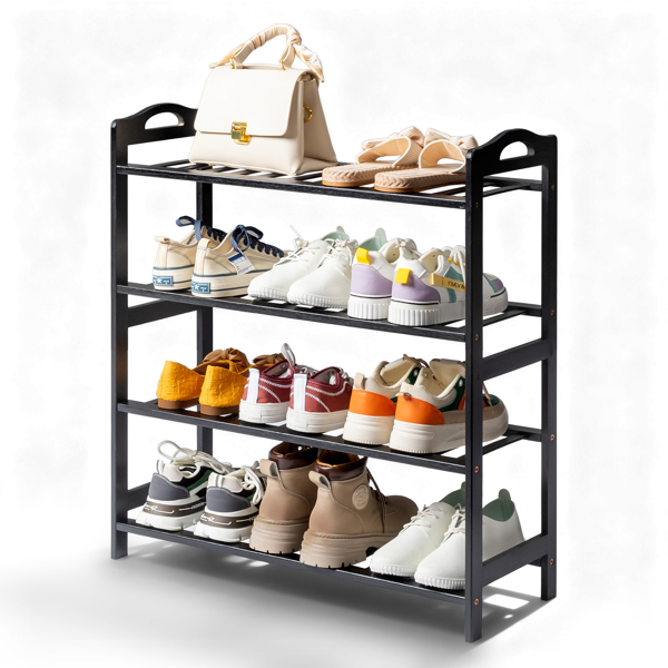 手提4层 12根条 竹制 68*25*73cm 鞋架 黑色-10