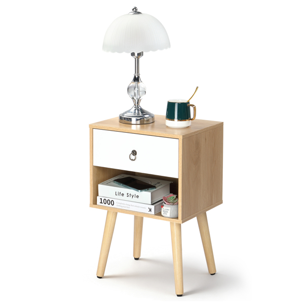 白色+橡木色 P2刨花板+实木腿 贴麻面三胺 拉环拉手 38*30*55cm 一抽带下隔层 床头柜 1PC-14