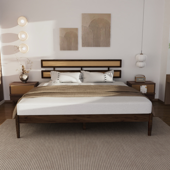 深胡桃木 油漆面+藤编 松木 双床头板 King 木床 波西米亚风 XP000470103