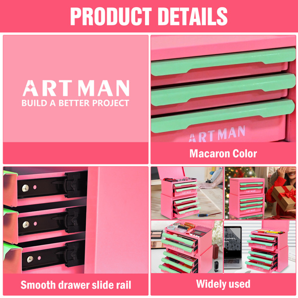 抽屉式桌面收纳盒，办公工作站整理神器，办公文具收纳架，化妆品收纳柜——【粉绿色，2层+3层】-8