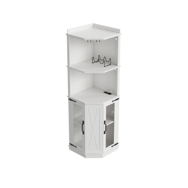 67.3英寸转角吧台柜，带电源插座，乡村风格酒柜，带可调节搁板，适用于家庭、餐厅、客厅、厨房，配备照明灯和酒杯架。-15