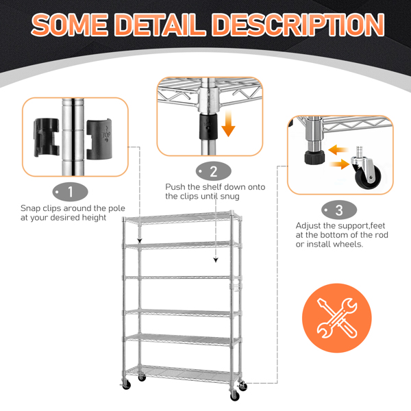  六层自由组合拆装带1排侧边挂钩  带调节脚与轮   铁 可自由调节层间距 家用层架 117*45*208cm 烤漆银 N001-19
