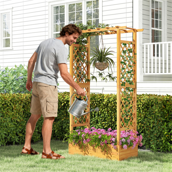 70英寸高松木高架花园床，带格子和平屋顶，开放式底座种植架，用于攀爬植物/蔬菜-7