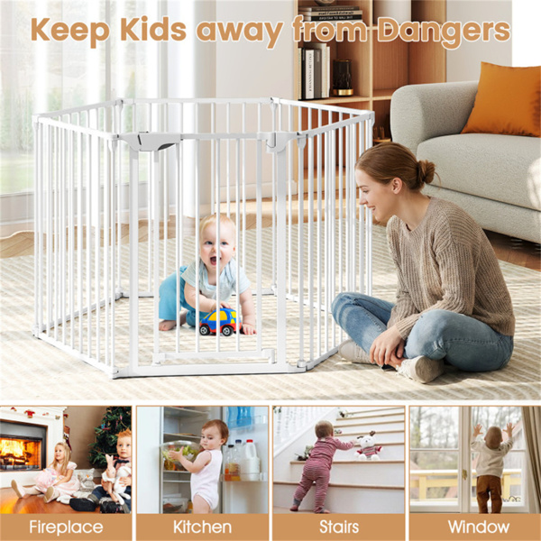 6面板可扩展安全门（34.5“-154”），270°可旋转婴儿栅栏/宠物围栏，用于壁炉楼梯门-白色-9